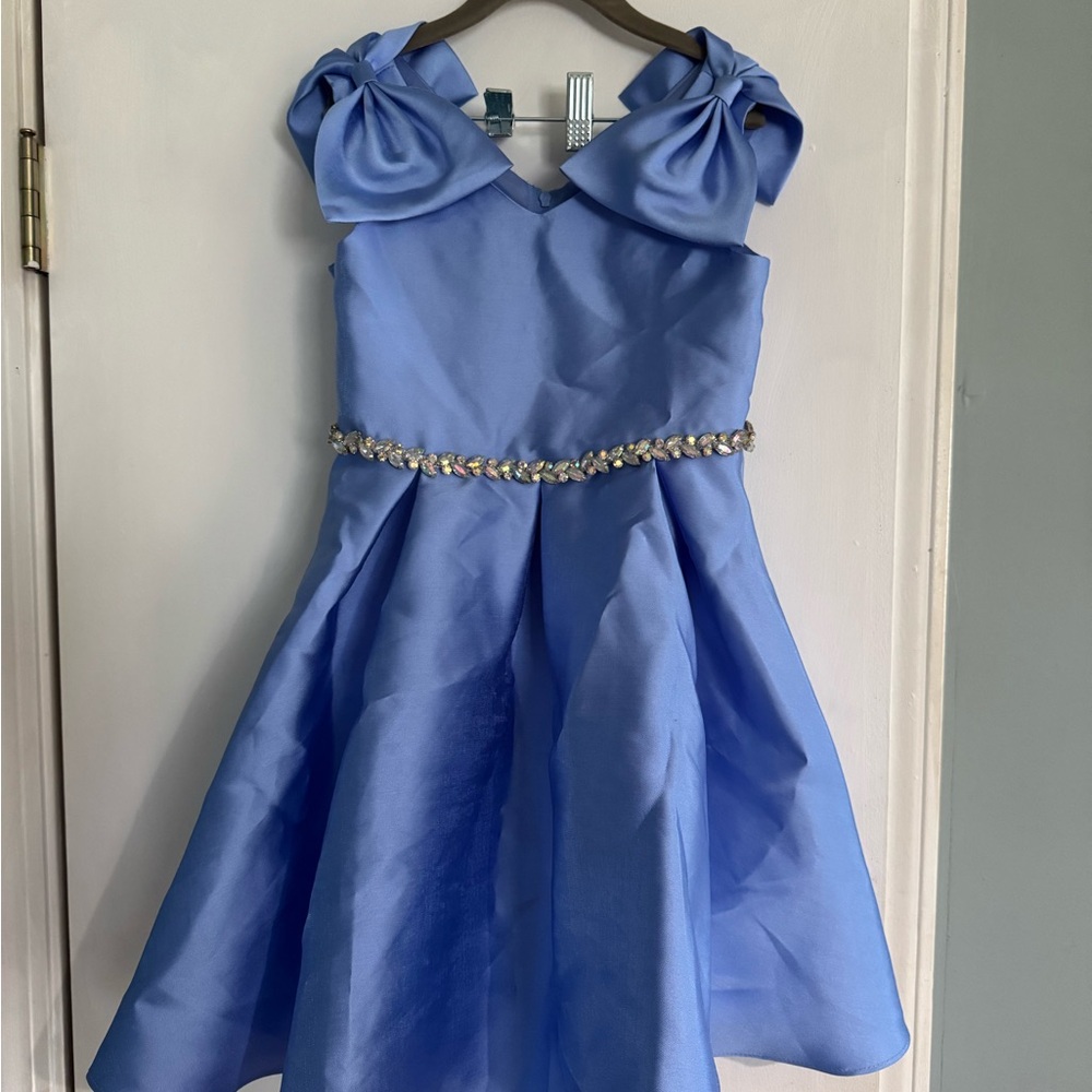 Girls Blue Satin Party Dress with Bow Shoulders